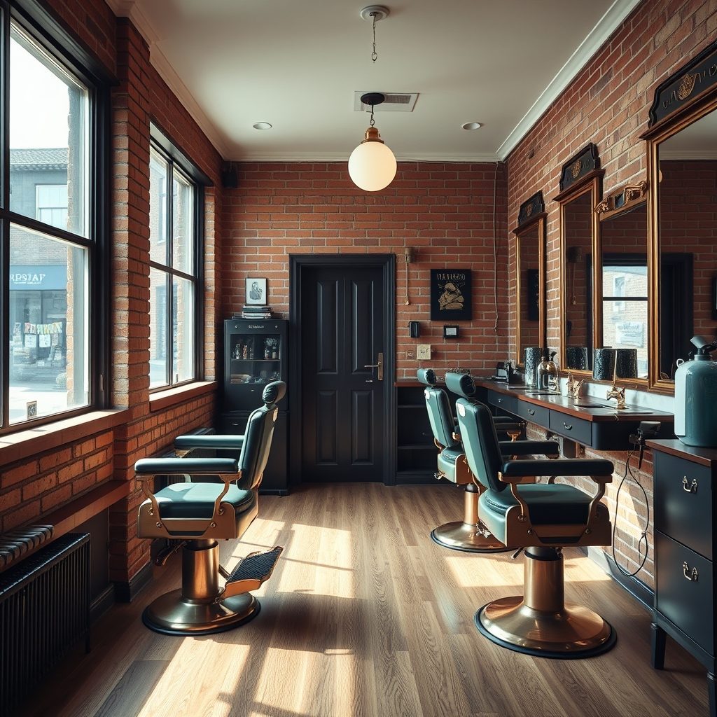 The Copper & Comb shop floor, three barber chairs along an exposed brick wall